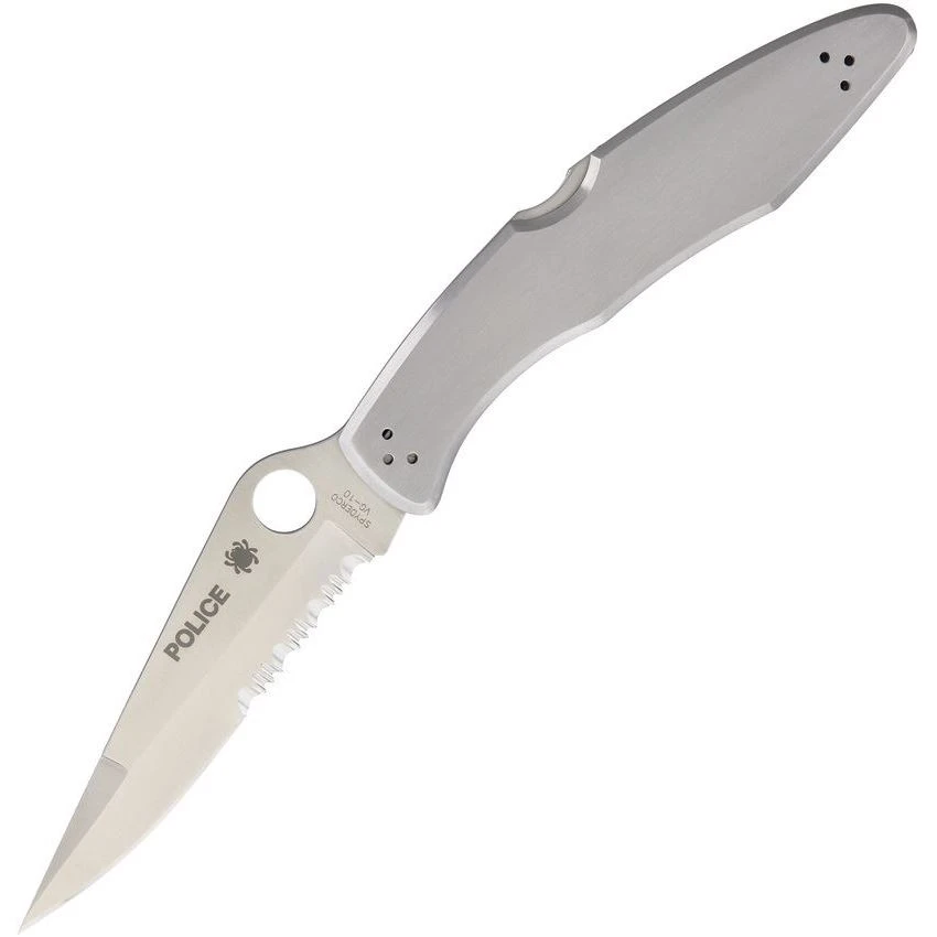 Spyderco 7PS PolICE Model Part Serrated Blade Lockback Folding Pocket Knife With Stainless Handles 1 Spyderco 7PS PolICE Model Part Serrated Blade Lockback Folding Pocket Knife With Stainless Handles